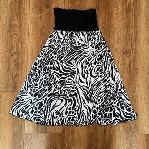 Y2k Pacific Beach Zebra Leopard Print Smocked Strapless Dress White Black sz M